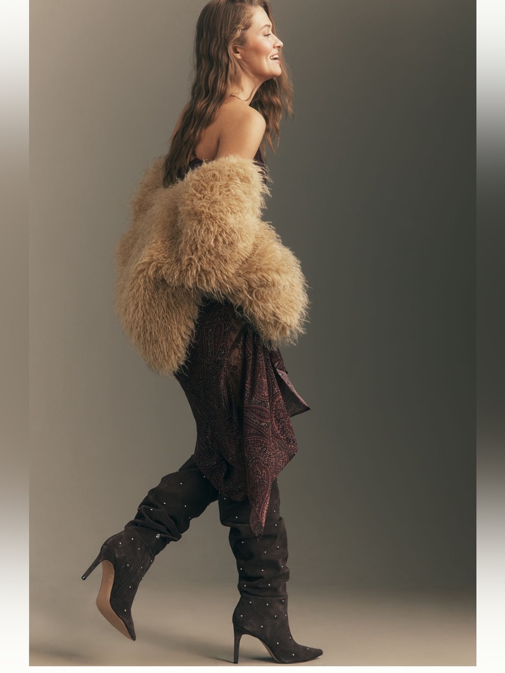 NWT Anthro Suede Studded Slouch Boots - Chocolate